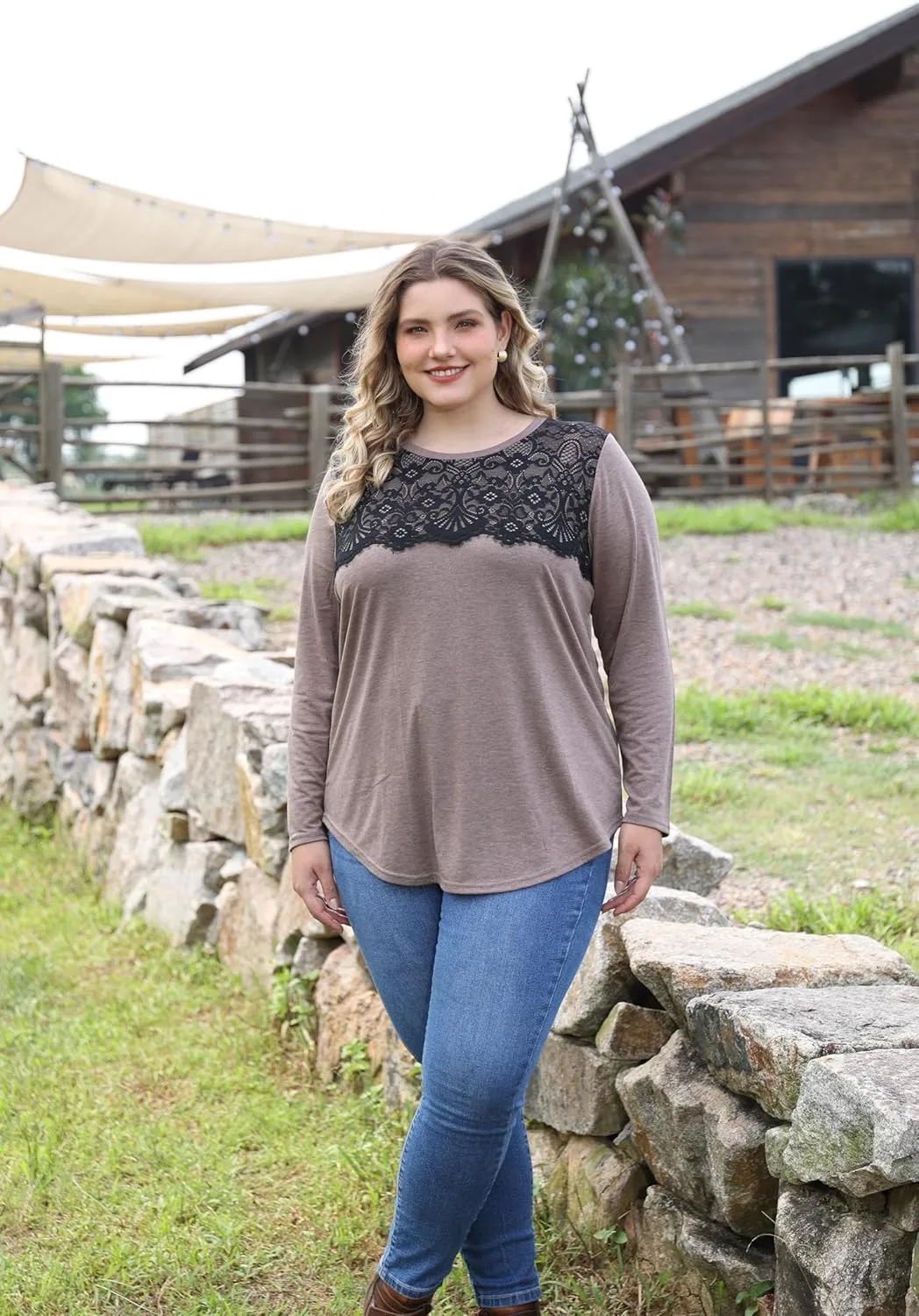 RITERA Plus Size Lace Tops for Women Long Sleeve Crewneck Pullover Fall T-Shirts Tunics Basic Tees T-Shirts XL-5XL
