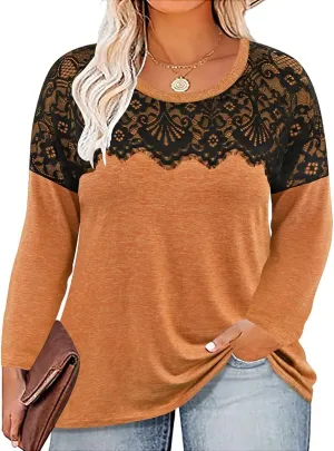 RITERA Plus Size Lace Tops for Women Long Sleeve Crewneck Pullover Fall T-Shirts Tunics Basic Tees T-Shirts XL-5XL