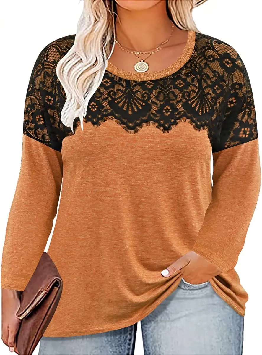 RITERA Plus Size Lace Tops for Women Long Sleeve Crewneck Pullover Fall T-Shirts Tunics Basic Tees T-Shirts XL-5XL
