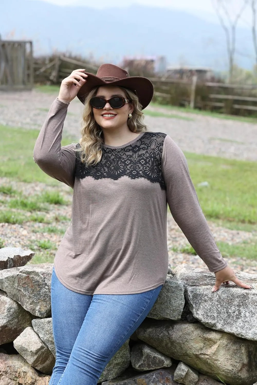 RITERA Plus Size Lace Tops for Women Long Sleeve Crewneck Pullover Fall T-Shirts Tunics Basic Tees T-Shirts XL-5XL