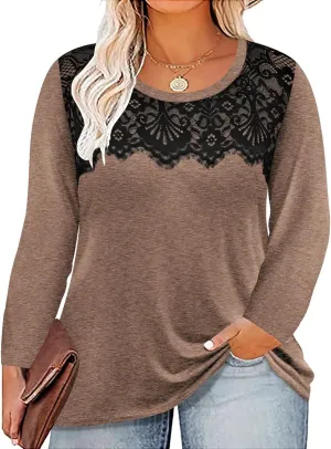 RITERA Plus Size Lace Tops for Women Long Sleeve Crewneck Pullover Fall T-Shirts Tunics Basic Tees T-Shirts XL-5XL