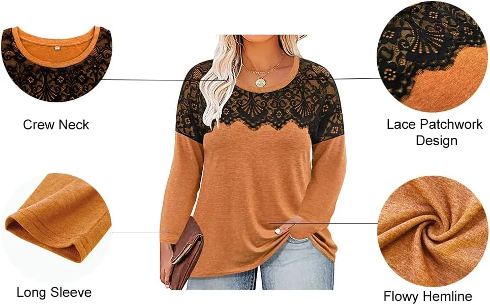 RITERA Plus Size Lace Tops for Women Long Sleeve Crewneck Pullover Fall T-Shirts Tunics Basic Tees T-Shirts XL-5XL