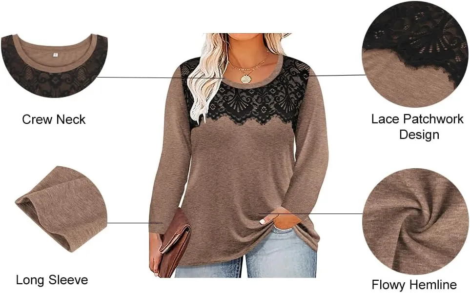 RITERA Plus Size Lace Tops for Women Long Sleeve Crewneck Pullover Fall T-Shirts Tunics Basic Tees T-Shirts XL-5XL