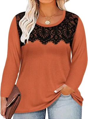 RITERA Plus Size Lace Tops for Women Long Sleeve Crewneck Pullover Fall T-Shirts Tunics Basic Tees T-Shirts XL-5XL