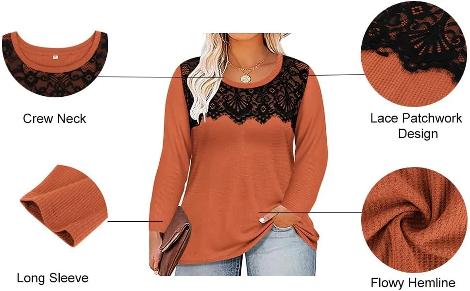 RITERA Plus Size Lace Tops for Women Long Sleeve Crewneck Pullover Fall T-Shirts Tunics Basic Tees T-Shirts XL-5XL