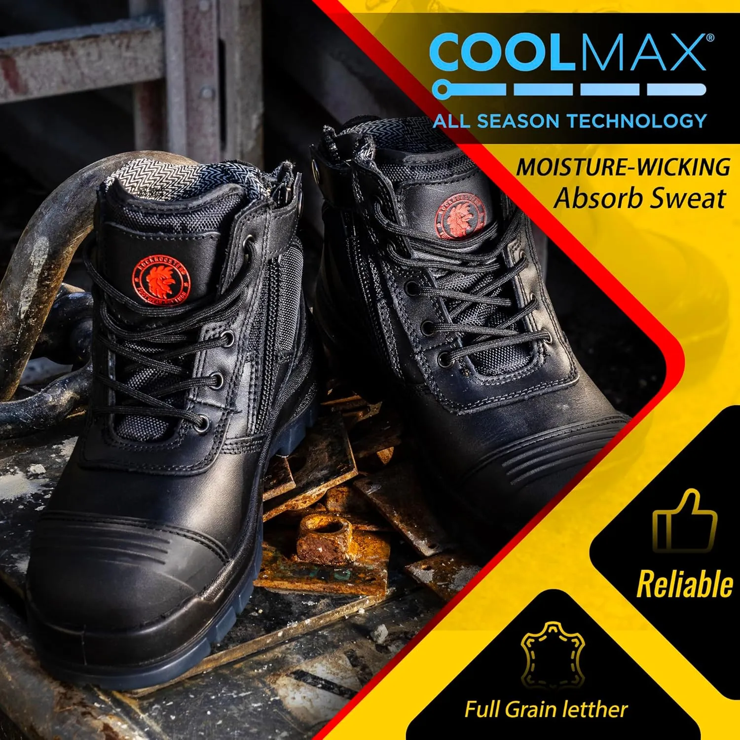 ROCKROOSTER Mens Work Boots, 6 inch Steel Toe Side Zipper Safety Wheat Black Slip Resistant Work Boot, TPU Outsole Breathable Leather Shoes, ASTM F2413-18 Static Dissipative SD (AK050 & AK050BK)