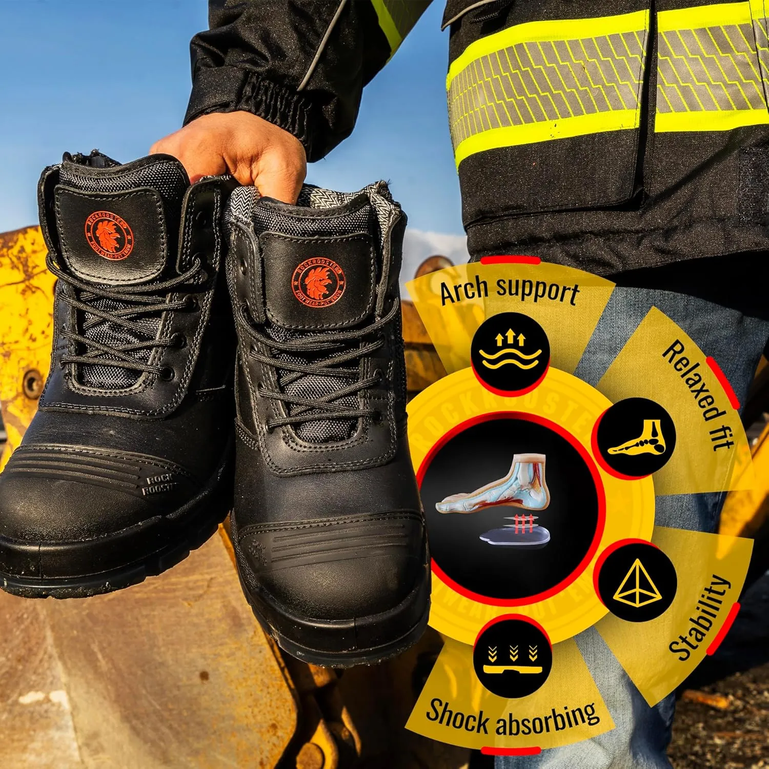 ROCKROOSTER Mens Work Boots, 6 inch Steel Toe Side Zipper Safety Wheat Black Slip Resistant Work Boot, TPU Outsole Breathable Leather Shoes, ASTM F2413-18 Static Dissipative SD (AK050 & AK050BK)