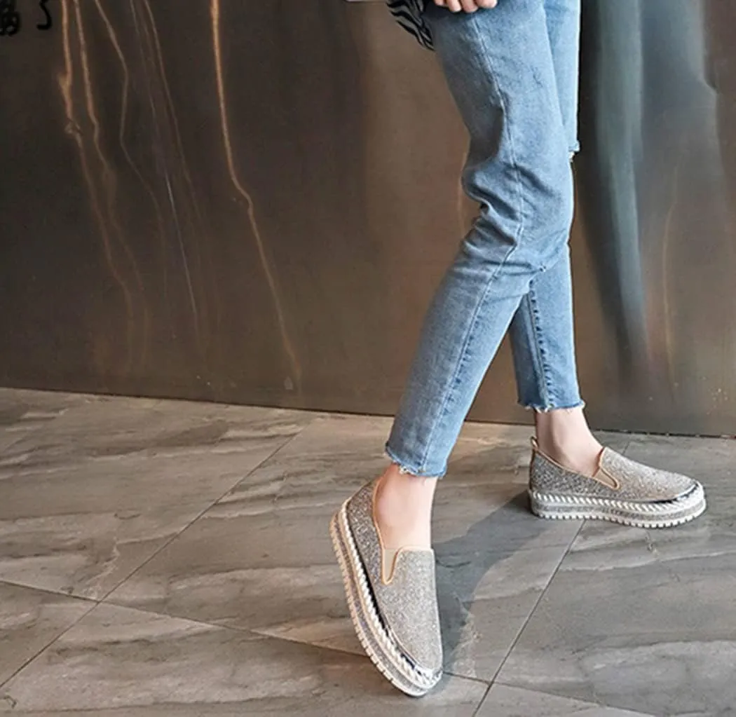 SACFOF Women Rhinestone Platform Loafers Glitter Fashion Slip-On Sparkle Bling Sequin Sneakers Casual Walking Flat Shoes