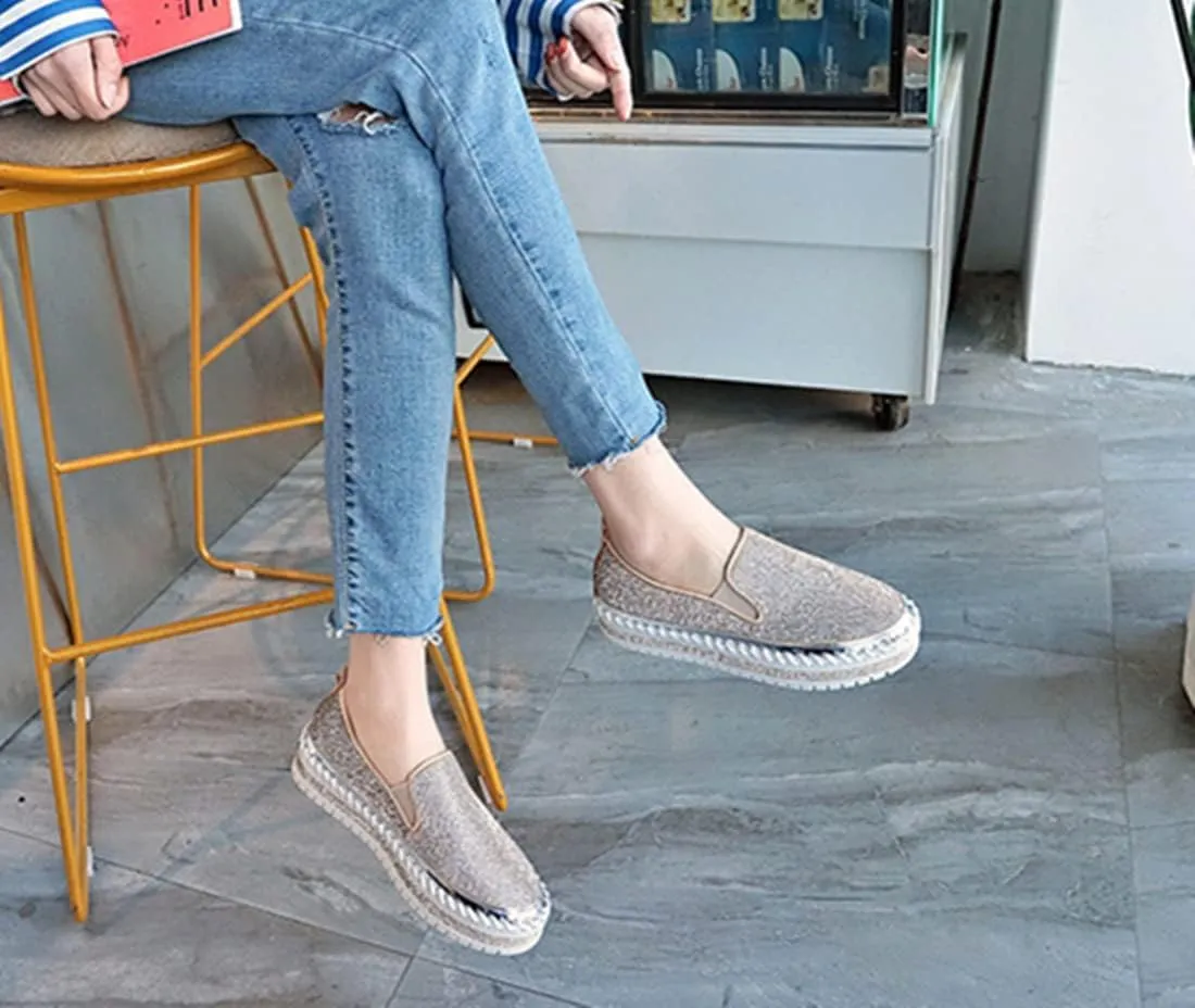 SACFOF Women Rhinestone Platform Loafers Glitter Fashion Slip-On Sparkle Bling Sequin Sneakers Casual Walking Flat Shoes