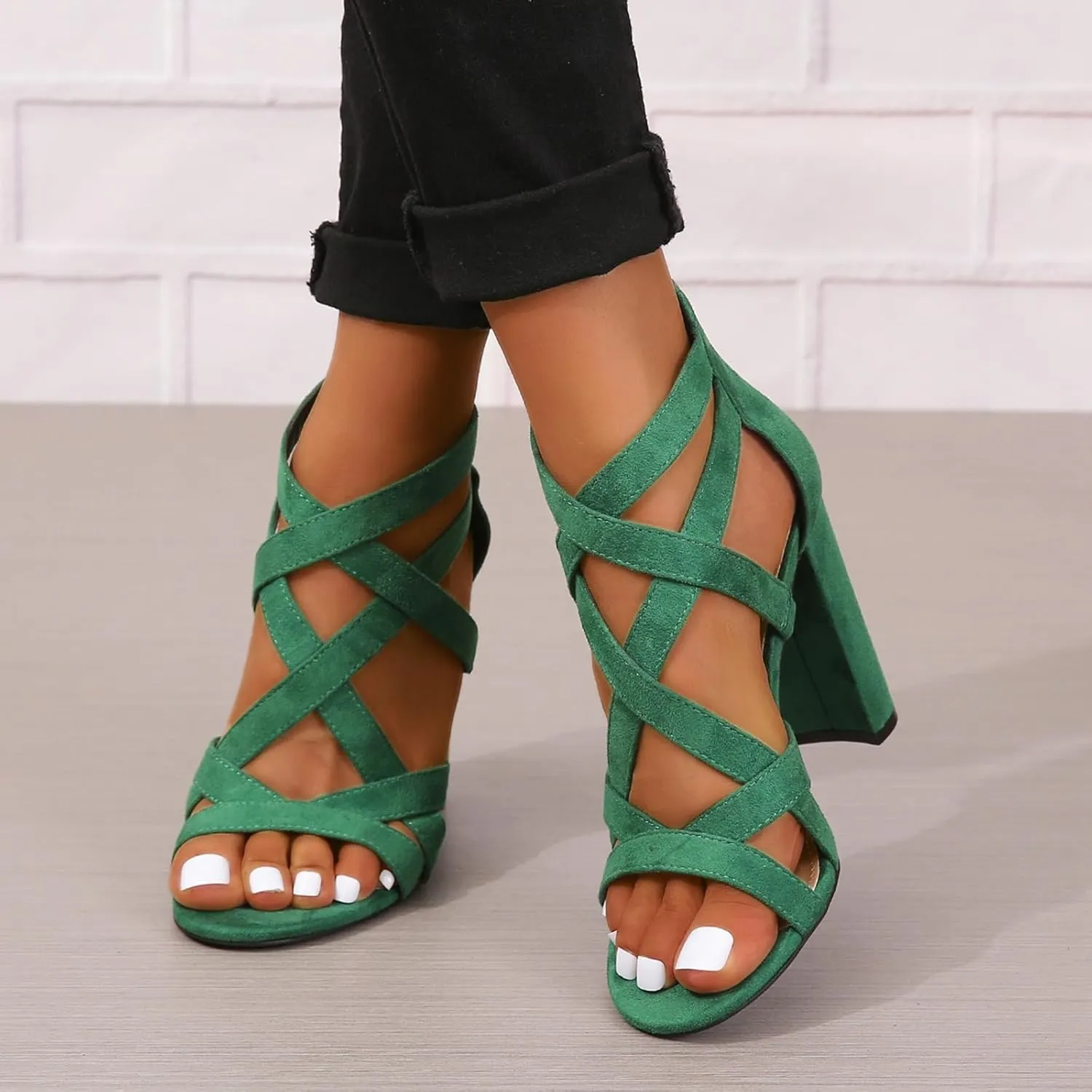 SACFOF Womens Ankle Strap Dress Pump High Chunky Heel Sandals Crisscross Back Zip Up Dress Party Shoes