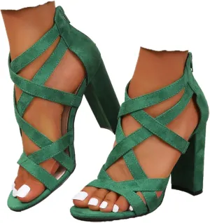SACFOF Womens Ankle Strap Dress Pump High Chunky Heel Sandals Crisscross Back Zip Up Dress Party Shoes