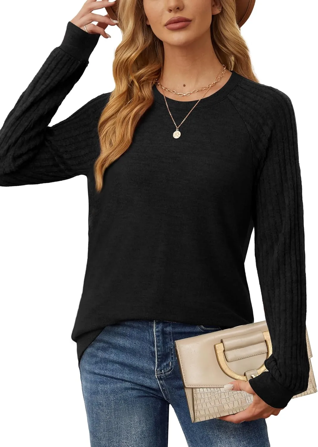 Saloogoe Tunic Sweatshirts for Women Crewneck Lightweight Sweaters Raglan Long Sleeve Shirts Fall Fashion Tops 2024