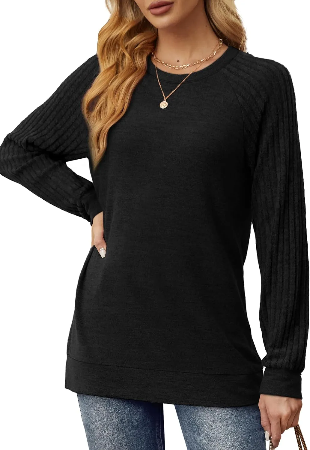 Saloogoe Tunic Sweatshirts for Women Crewneck Lightweight Sweaters Raglan Long Sleeve Shirts Fall Fashion Tops 2024