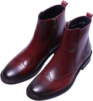 Santimon Men's Fashion Genuine Leather Brogue Chelsea Formal Dress Mid-calf Plain Toe Zipper Chukka Ankle Comfortable Boots Black Red