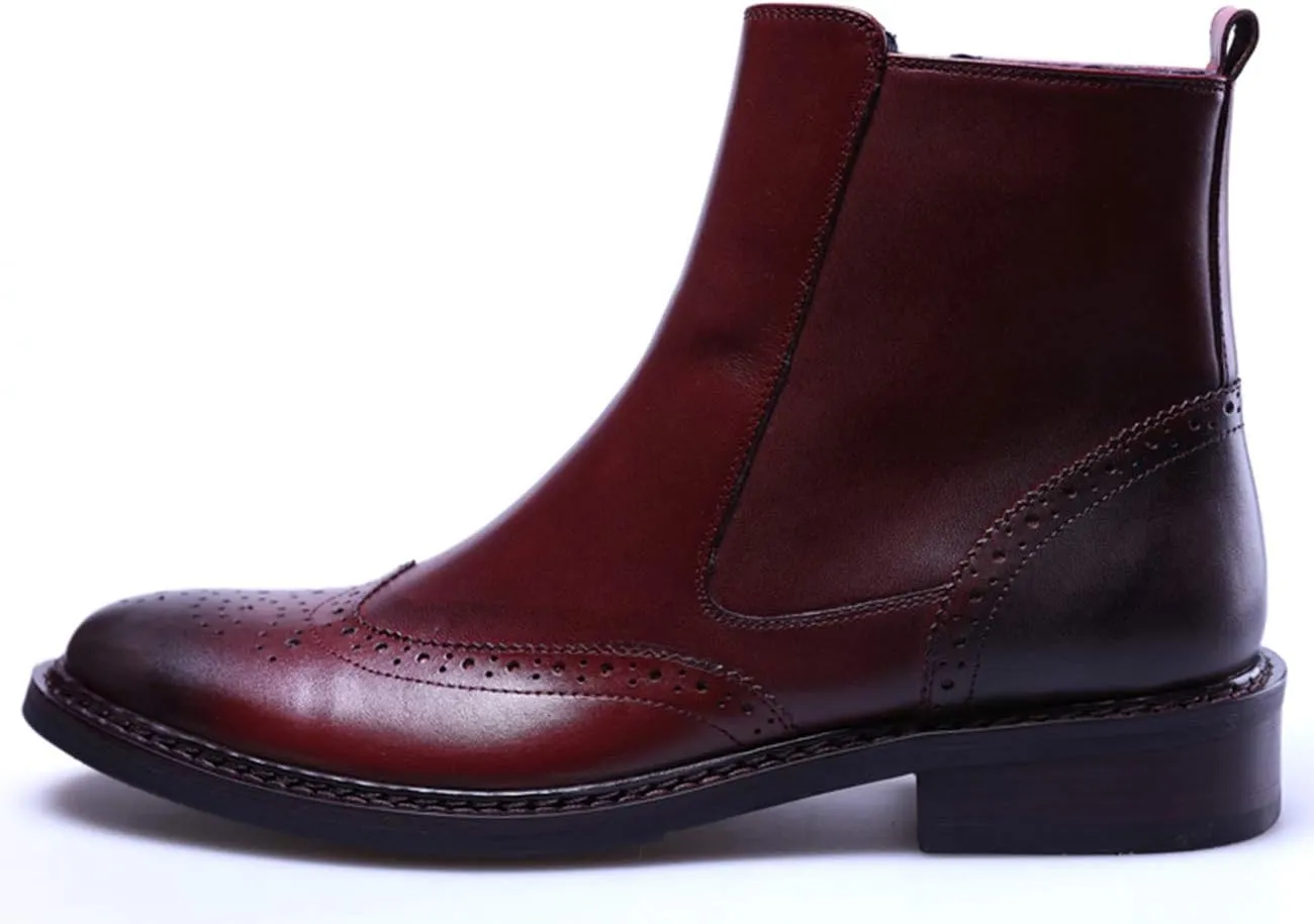 Santimon Men's Fashion Genuine Leather Brogue Chelsea Formal Dress Mid-calf Plain Toe Zipper Chukka Ankle Comfortable Boots Black Red