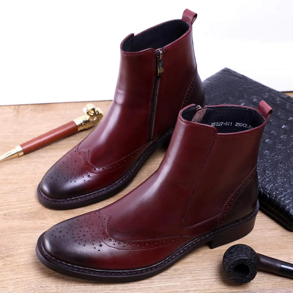 Santimon Men's Fashion Genuine Leather Brogue Chelsea Formal Dress Mid-calf Plain Toe Zipper Chukka Ankle Comfortable Boots Black Red