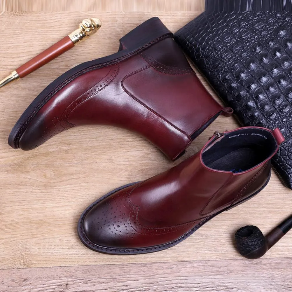 Santimon Men's Fashion Genuine Leather Brogue Chelsea Formal Dress Mid-calf Plain Toe Zipper Chukka Ankle Comfortable Boots Black Red