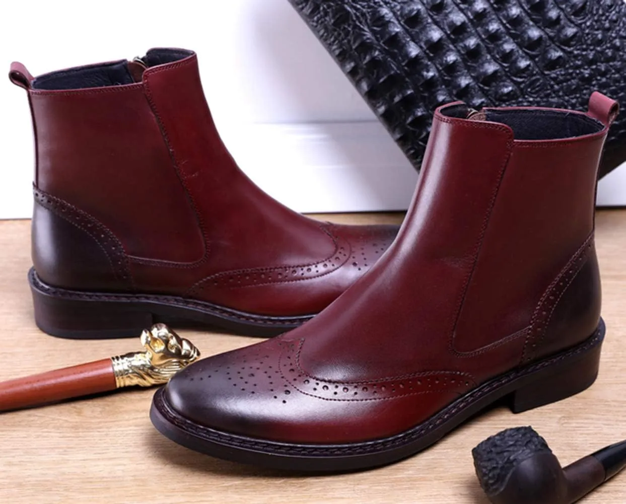 Santimon Men's Fashion Genuine Leather Brogue Chelsea Formal Dress Mid-calf Plain Toe Zipper Chukka Ankle Comfortable Boots Black Red