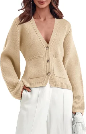 Saodimallsu Womens Deep V Neck Cardigan Sweaters Open Front Button Down Long Sleeve Cropped Knit Coats with Pockets