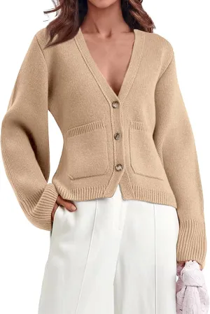 Saodimallsu Womens Deep V Neck Cardigan Sweaters Open Front Button Down Long Sleeve Cropped Knit Coats with Pockets