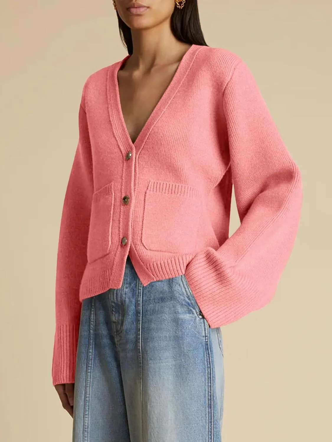 Saodimallsu Womens Deep V Neck Cardigan Sweaters Open Front Button Down Long Sleeve Cropped Knit Coats with Pockets