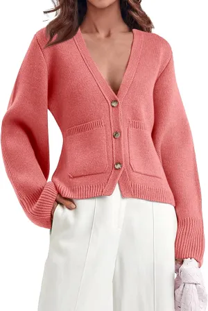 Saodimallsu Womens Deep V Neck Cardigan Sweaters Open Front Button Down Long Sleeve Cropped Knit Coats with Pockets