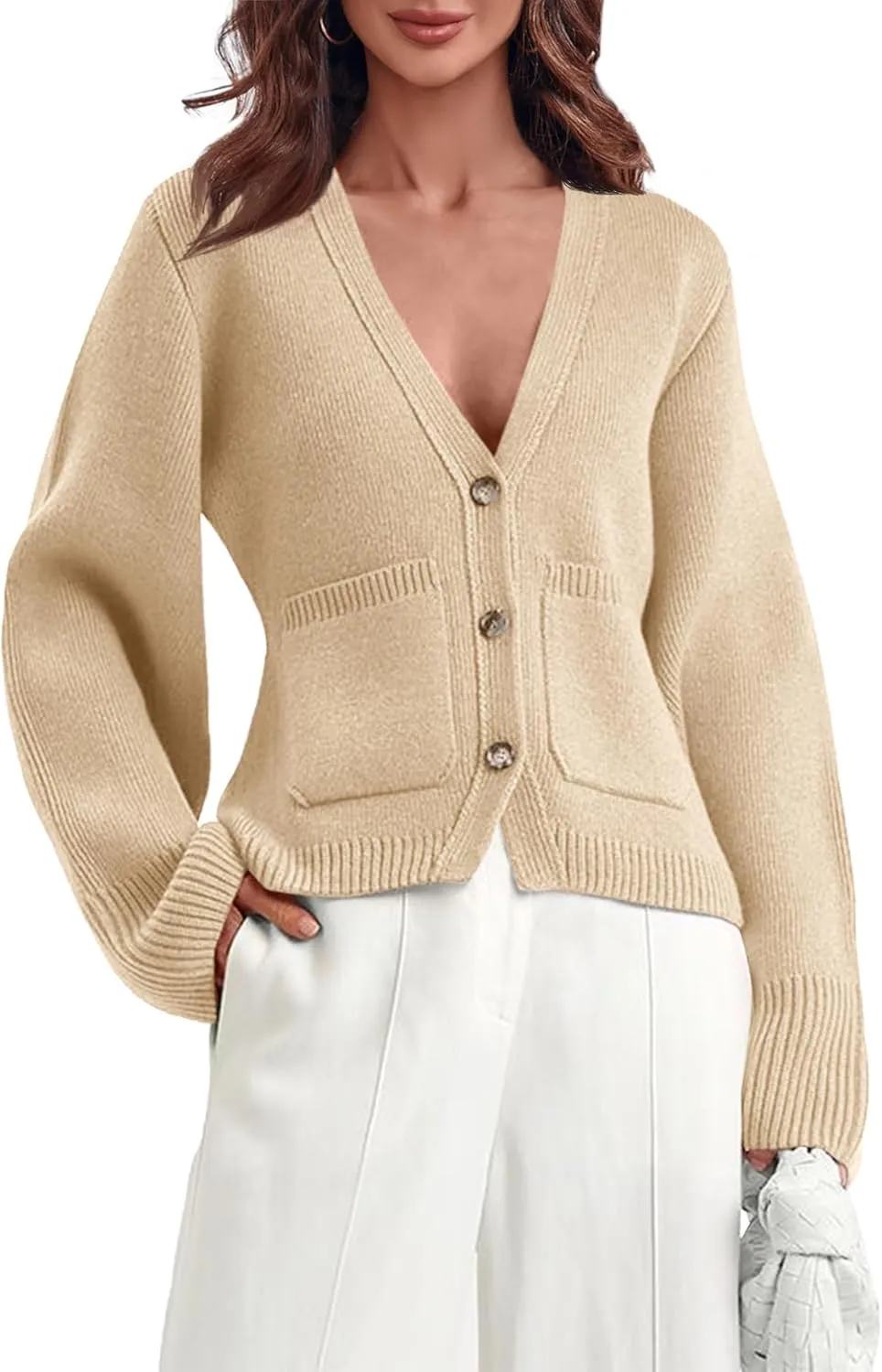 Saodimallsu Womens Deep V Neck Cardigan Sweaters Open Front Button Down Long Sleeve Cropped Knit Coats with Pockets