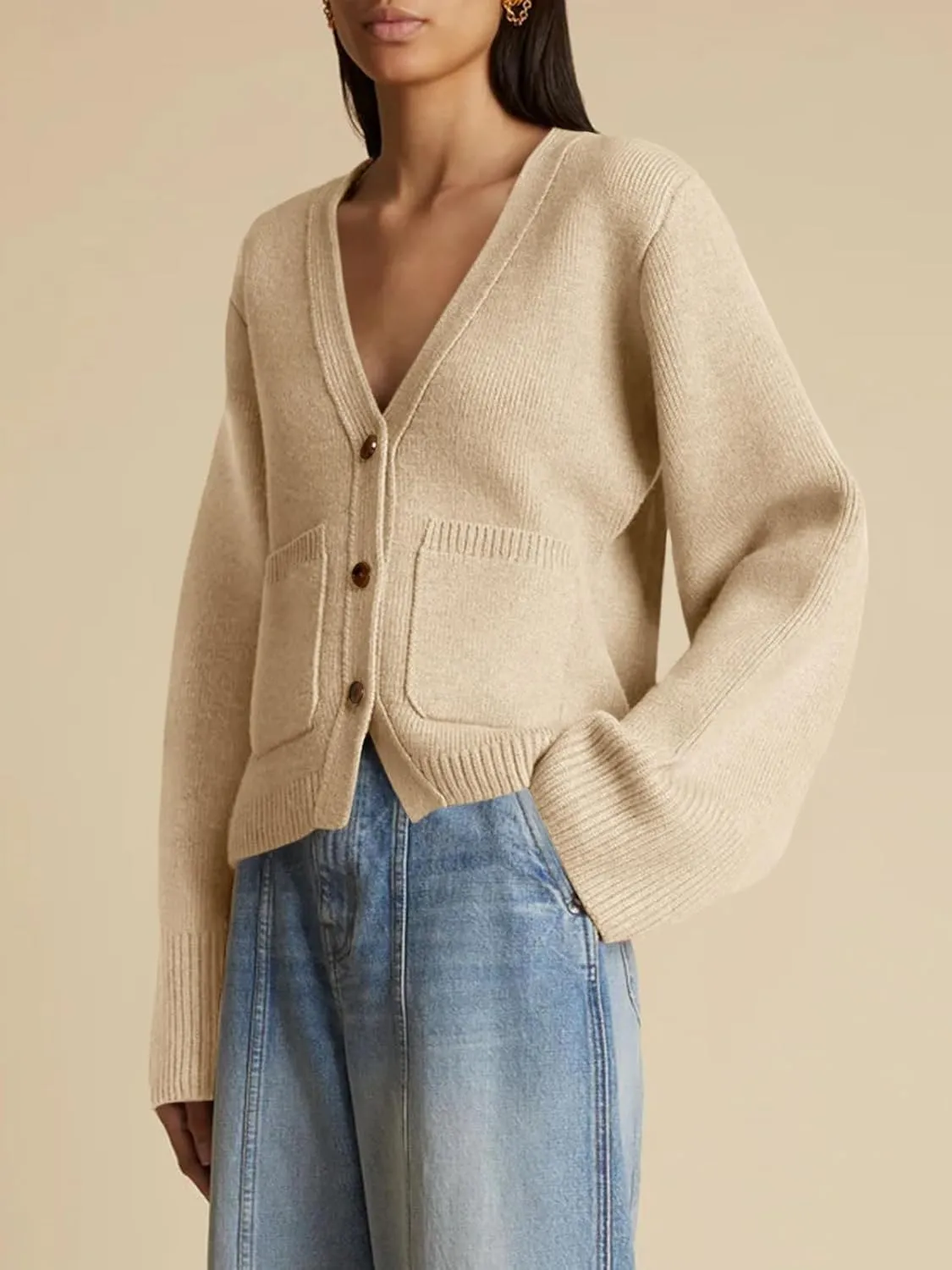 Saodimallsu Womens Deep V Neck Cardigan Sweaters Open Front Button Down Long Sleeve Cropped Knit Coats with Pockets