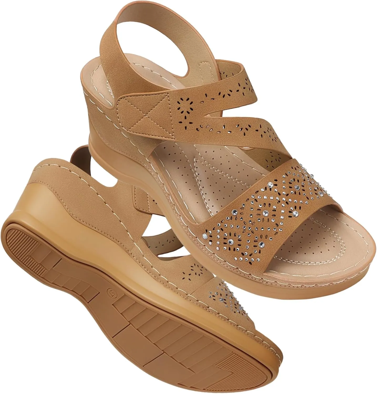 SHIBEVER Wedge Sandals For Women Low: Dressy Summer Sandal - Comfortable Rhinestone Sandals