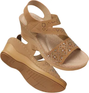 SHIBEVER Wedge Sandals For Women Low: Dressy Summer Sandal - Comfortable Rhinestone Sandals