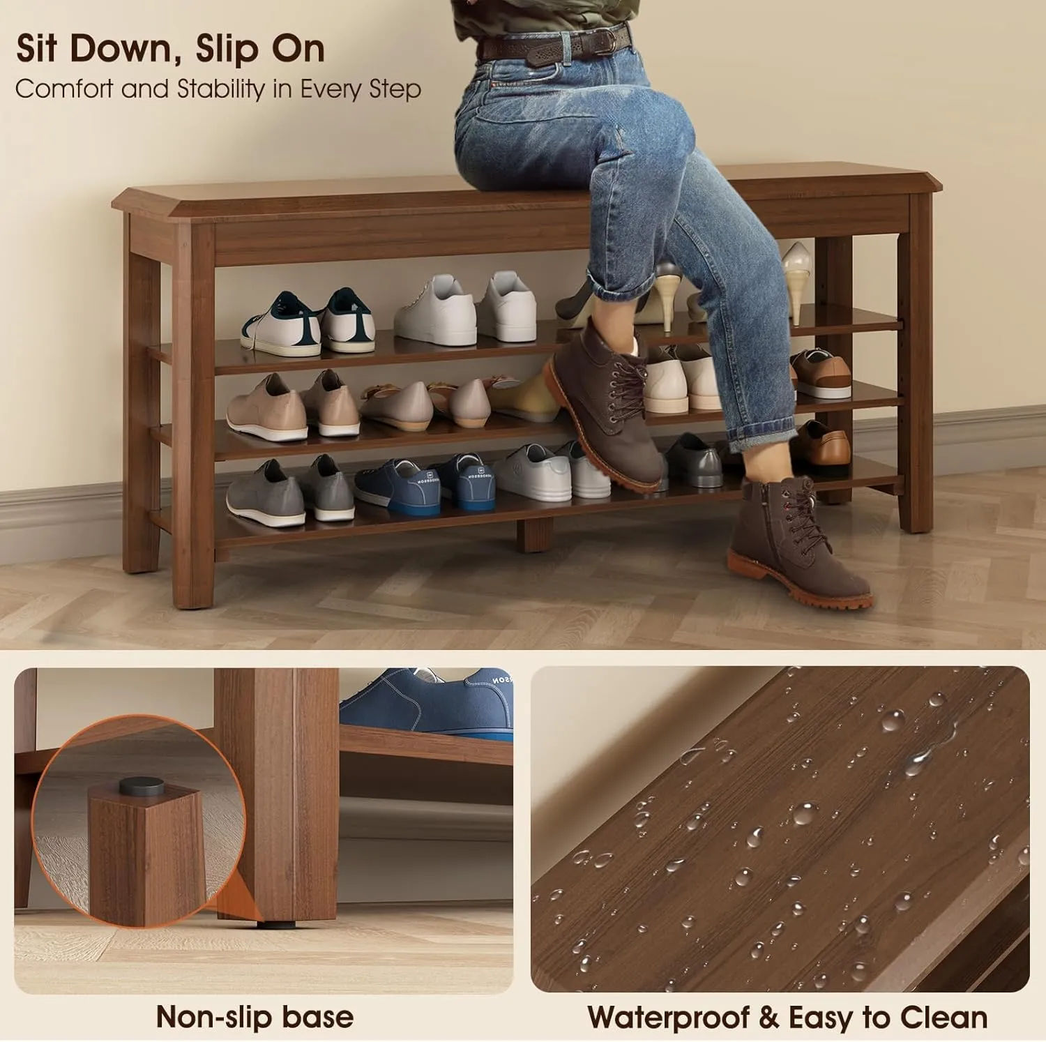 Shoe Bench Wooden Seat 3-Tier Solid Shoe Rack Wood Bench with Storage Bench 550lbs Compact Mid-Century Modern Design for Entryway, Hallway, Closet, Front Door Entrance