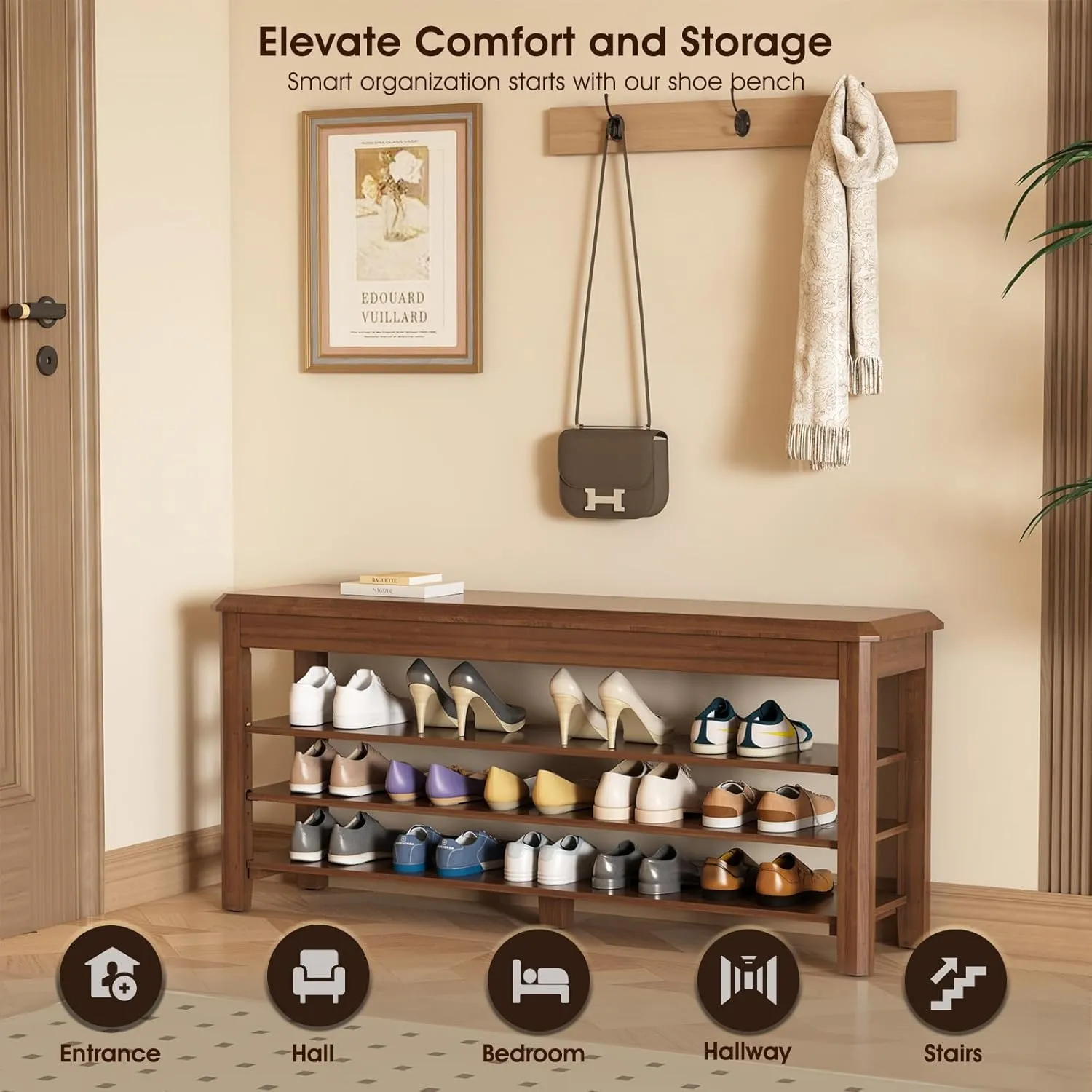 Shoe Bench Wooden Seat 3-Tier Solid Shoe Rack Wood Bench with Storage Bench 550lbs Compact Mid-Century Modern Design for Entryway, Hallway, Closet, Front Door Entrance