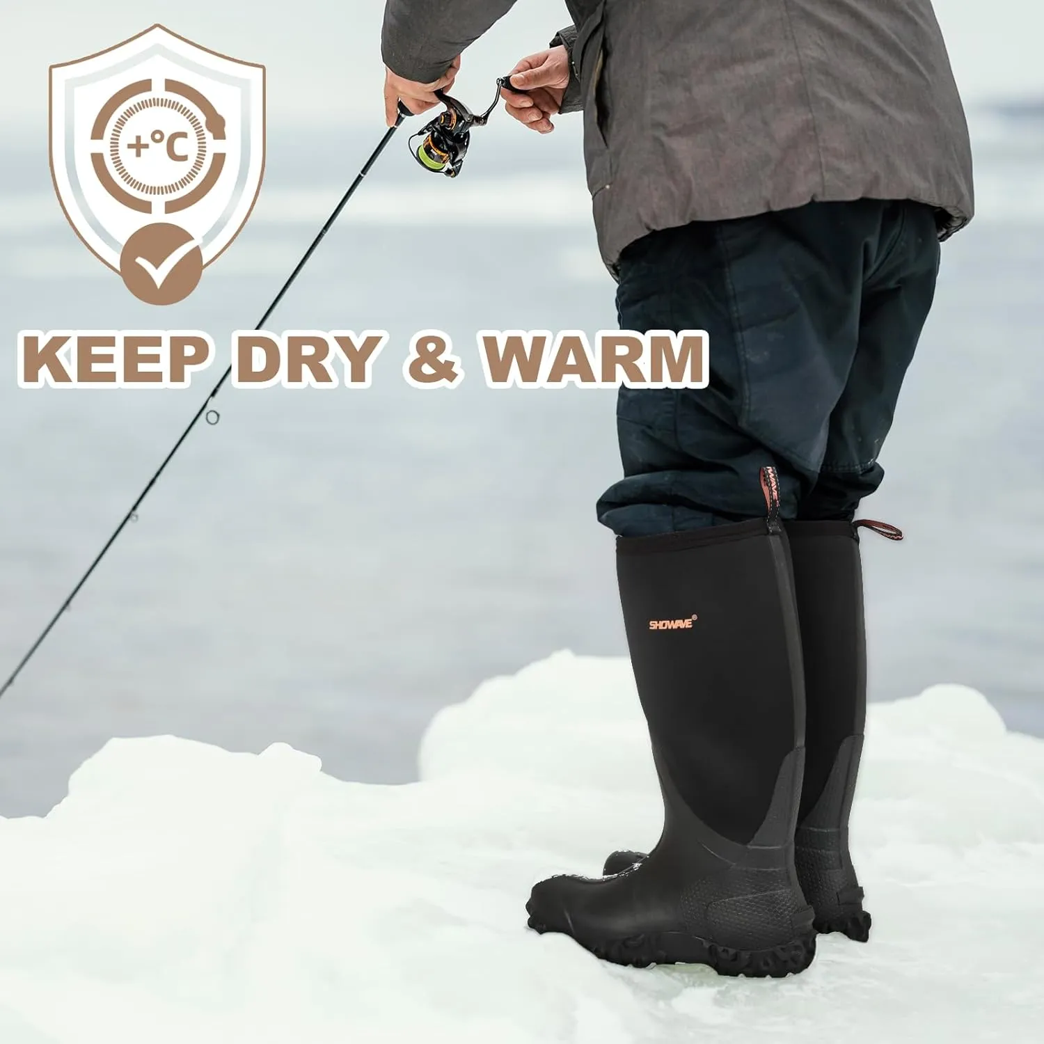 Showave Rain Boots for Men Waterproof Insulated Rubber Neoprene Boots Heavy-duty Mud Boot for Farming Raining Fishing Gardening Yard Work