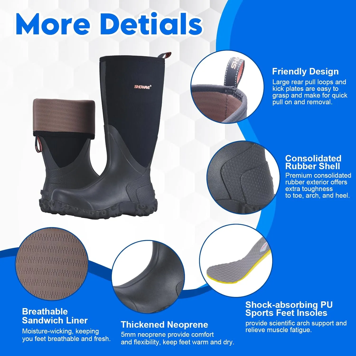 Showave Rain Boots for Men Waterproof Insulated Rubber Neoprene Boots Heavy-duty Mud Boot for Farming Raining Fishing Gardening Yard Work