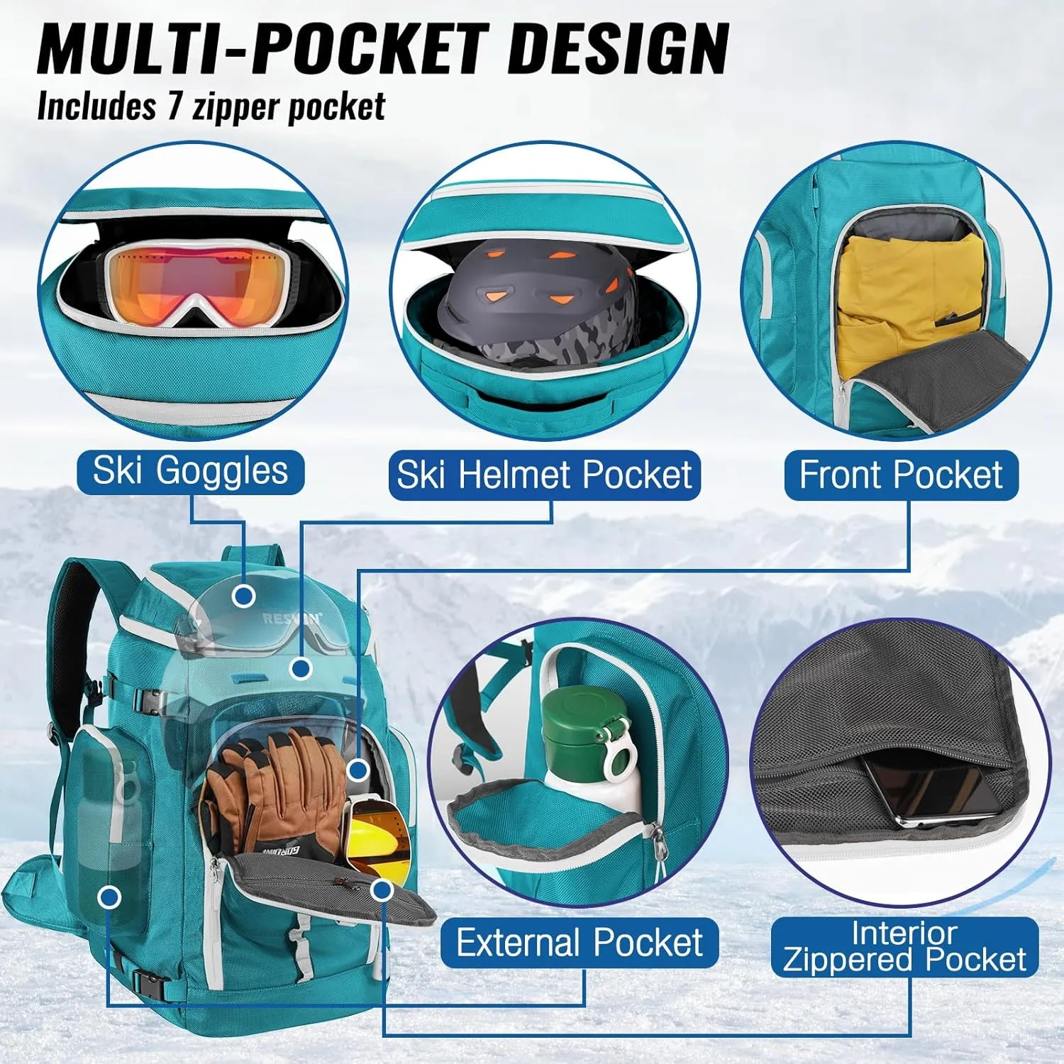 Ski Boot Bag, 65L Ski Boot Bag Backpack 1680D Nylon Waterproof Ski Bag for, Skis Snowboard & Accessories