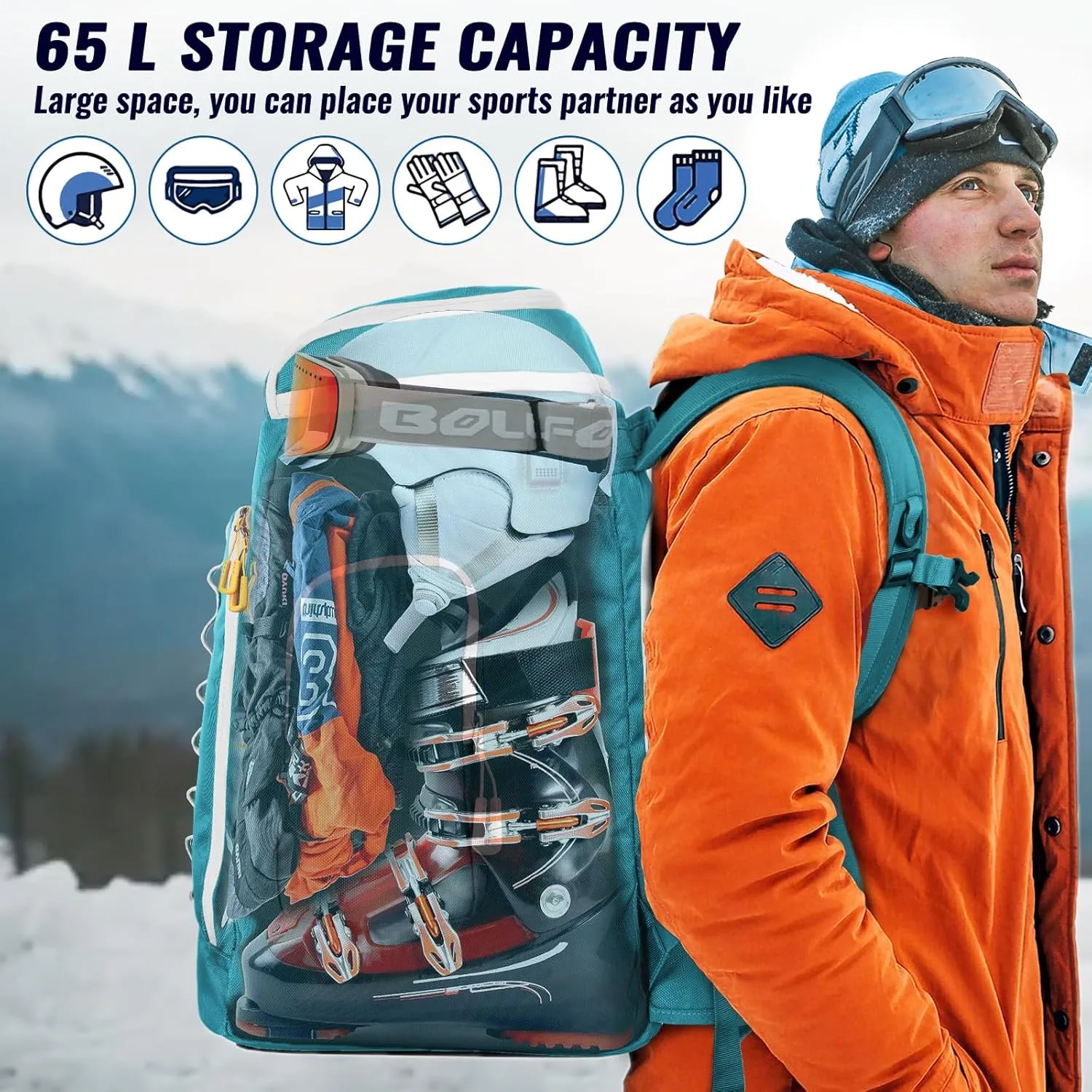 Ski Boot Bag, 65L Ski Boot Bag Backpack 1680D Nylon Waterproof Ski Bag for, Skis Snowboard & Accessories