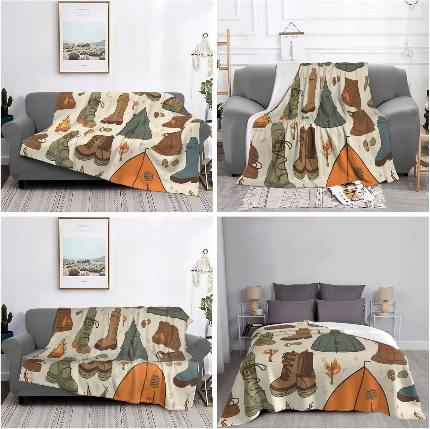 Sleeping Bag Boots Campfire Pattern Blankets and Throws Ultra-Soft Micro Fleece Blanket Luxury All Seasons Throw Blanket 60"x50" Lightweight Flannel Air Conditioning Blankets for Couch Travel