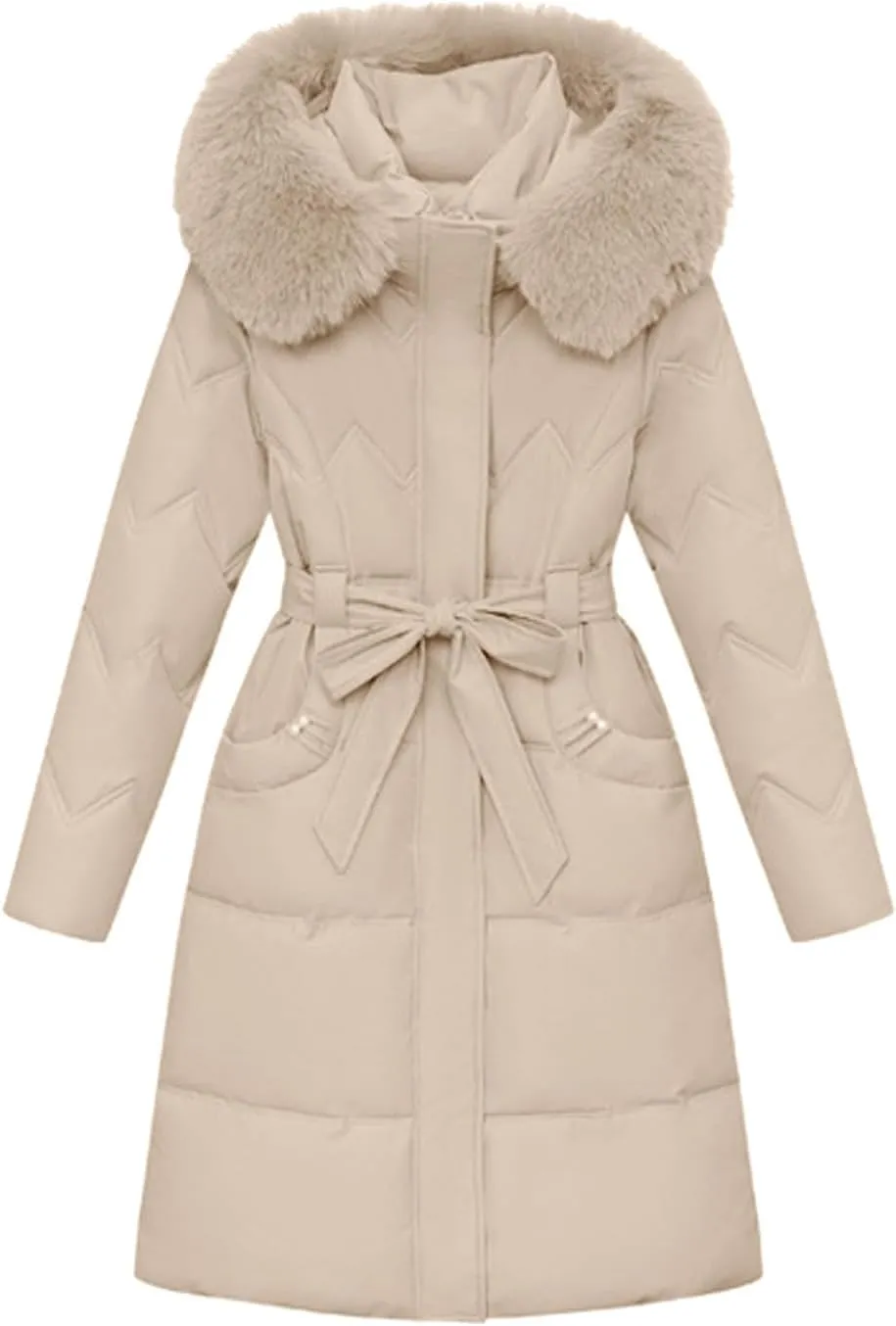 SMIDOW Long Puffer Winter Coat For Women Trendy 2023 Padded Down Jackets Full Zip Up Parka Coats With Faux Fur Hood