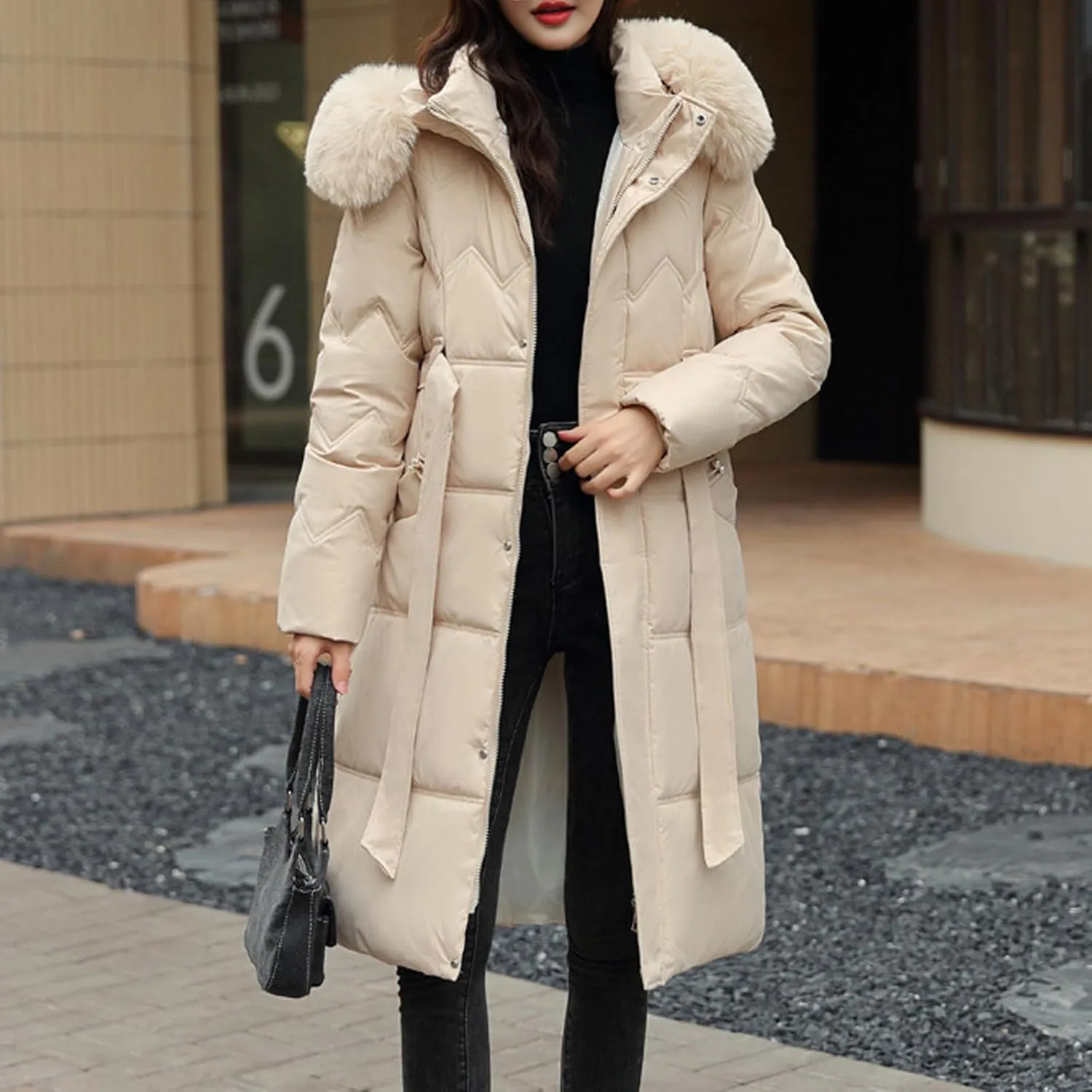 SMIDOW Long Puffer Winter Coat For Women Trendy 2023 Padded Down Jackets Full Zip Up Parka Coats With Faux Fur Hood