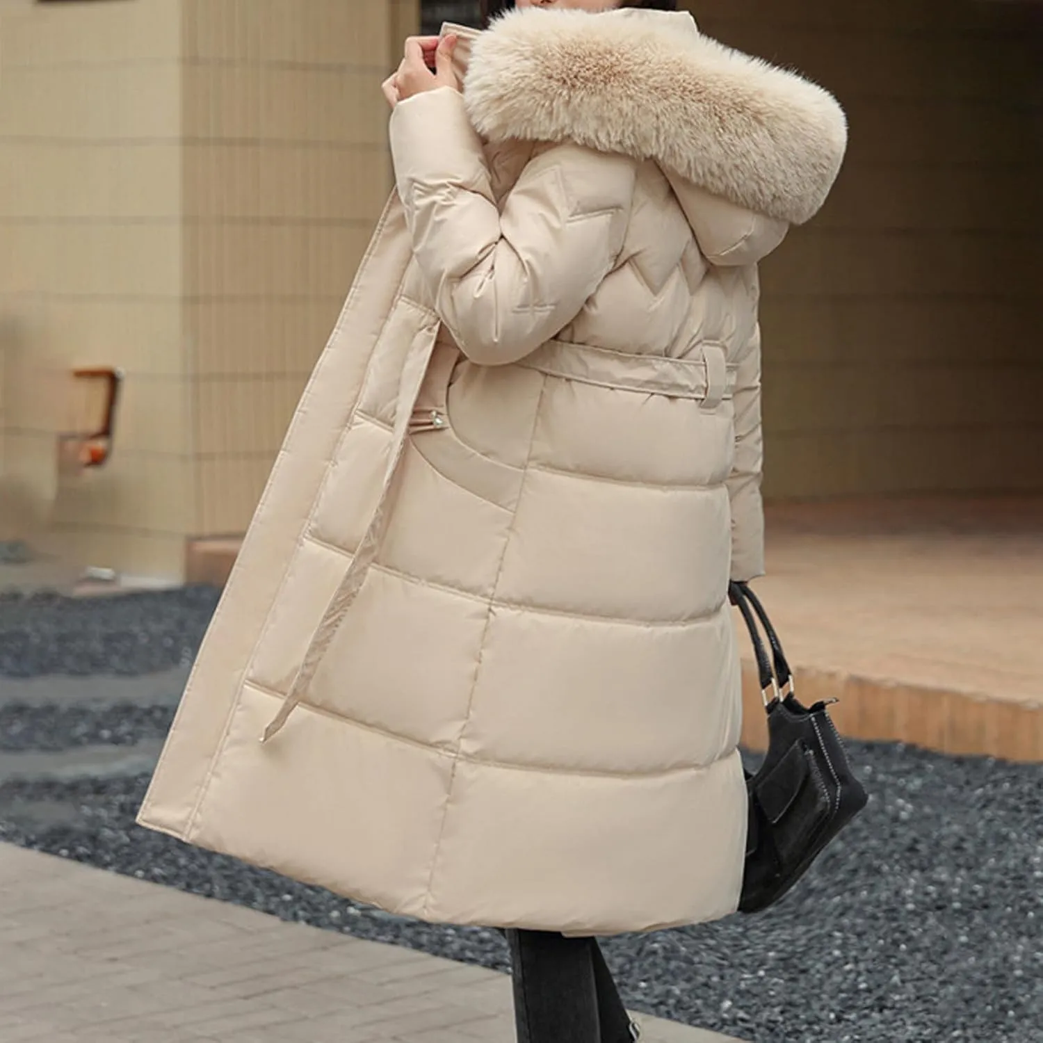 SMIDOW Long Puffer Winter Coat For Women Trendy 2023 Padded Down Jackets Full Zip Up Parka Coats With Faux Fur Hood