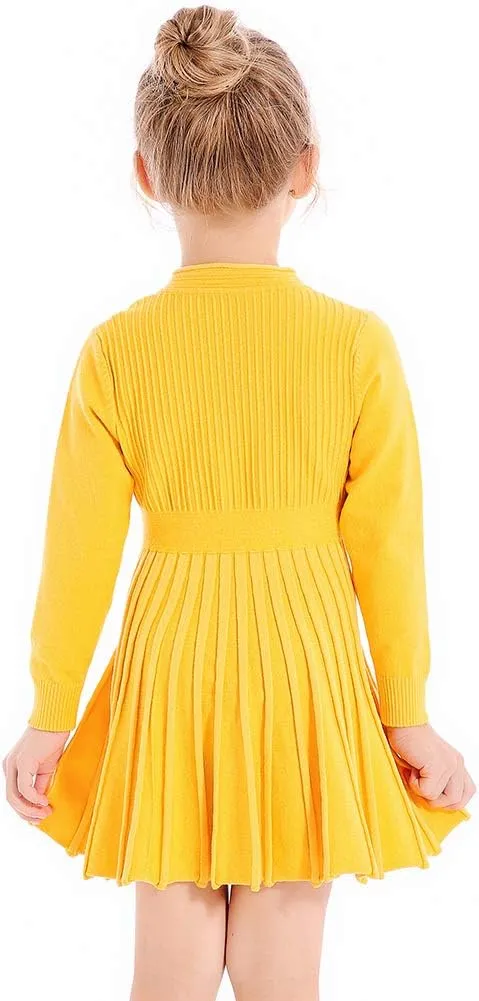SMILING PINKER Little Girls Pleated Dress School Uniform Long Sleeve Button Front Knit Sweater Dress