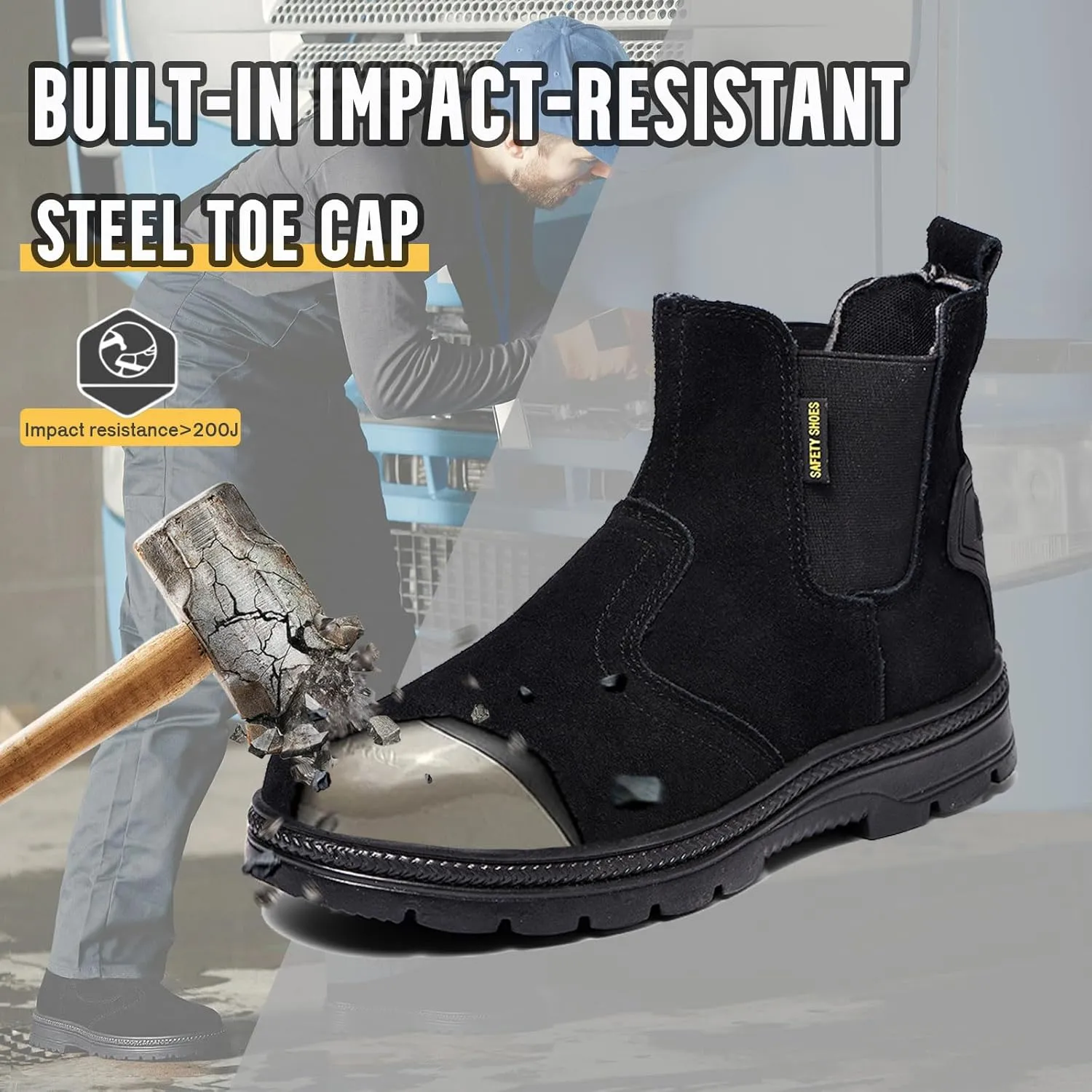 Steel Toe Work Boots for Men Slip Resistant Welding Work Boots Slip-on Safety Shoes for Industrial Construction