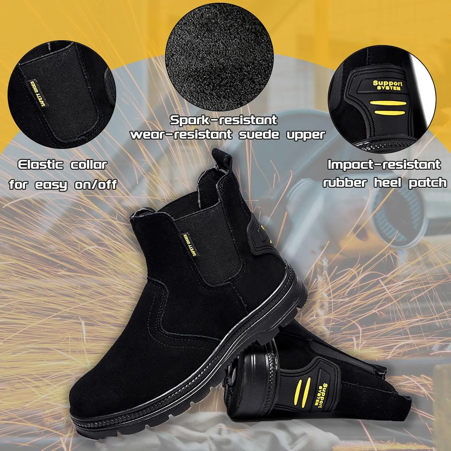 Steel Toe Work Boots for Men Slip Resistant Welding Work Boots Slip-on Safety Shoes for Industrial Construction