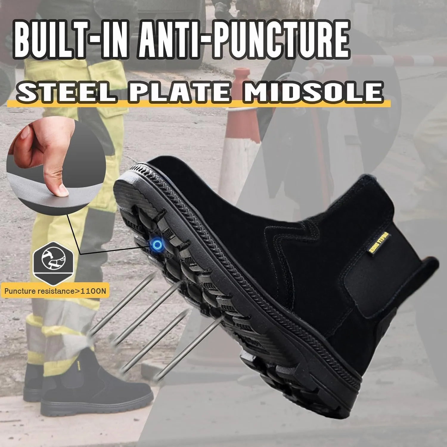 Steel Toe Work Boots for Men Slip Resistant Welding Work Boots Slip-on Safety Shoes for Industrial Construction