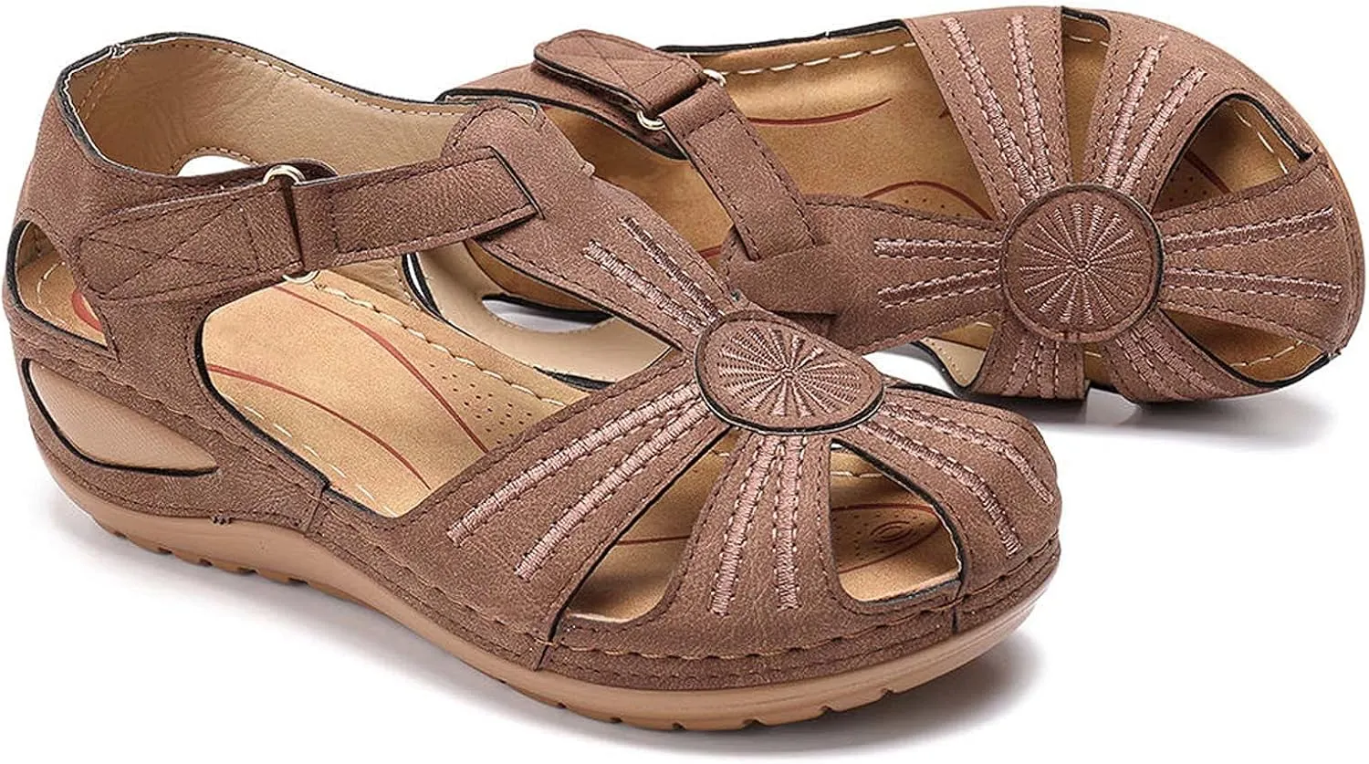 Summer Hollow Sandals for Women Comfortable Wedge Flower Embroidery Round Toe Closed Toe Hook & Loop Buckle Sandals Casual Soft Sole Beach Shoes
