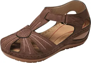 Summer Hollow Sandals for Women Comfortable Wedge Flower Embroidery Round Toe Closed Toe Hook & Loop Buckle Sandals Casual Soft Sole Beach Shoes