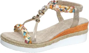 Summer Sandals for Women 2025 Boho,Roman Womens 2025 Low Wedge Heels Comfortable Sandal Espadrille Beach Open Toe Elastic Ankle Strap Walking Shoes Vintage Non Slip Casual Woven Sandals