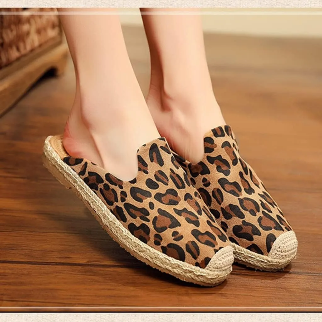 Summer Women's Sandals Leopard Print Flat Canvas Shoes Slip On, Linen and Cotton Woven Casual Slippers, Refreshing, Breathable, Sweat-Absorbing, Home, Bedroom, Garden Clogs, Guests Footwear