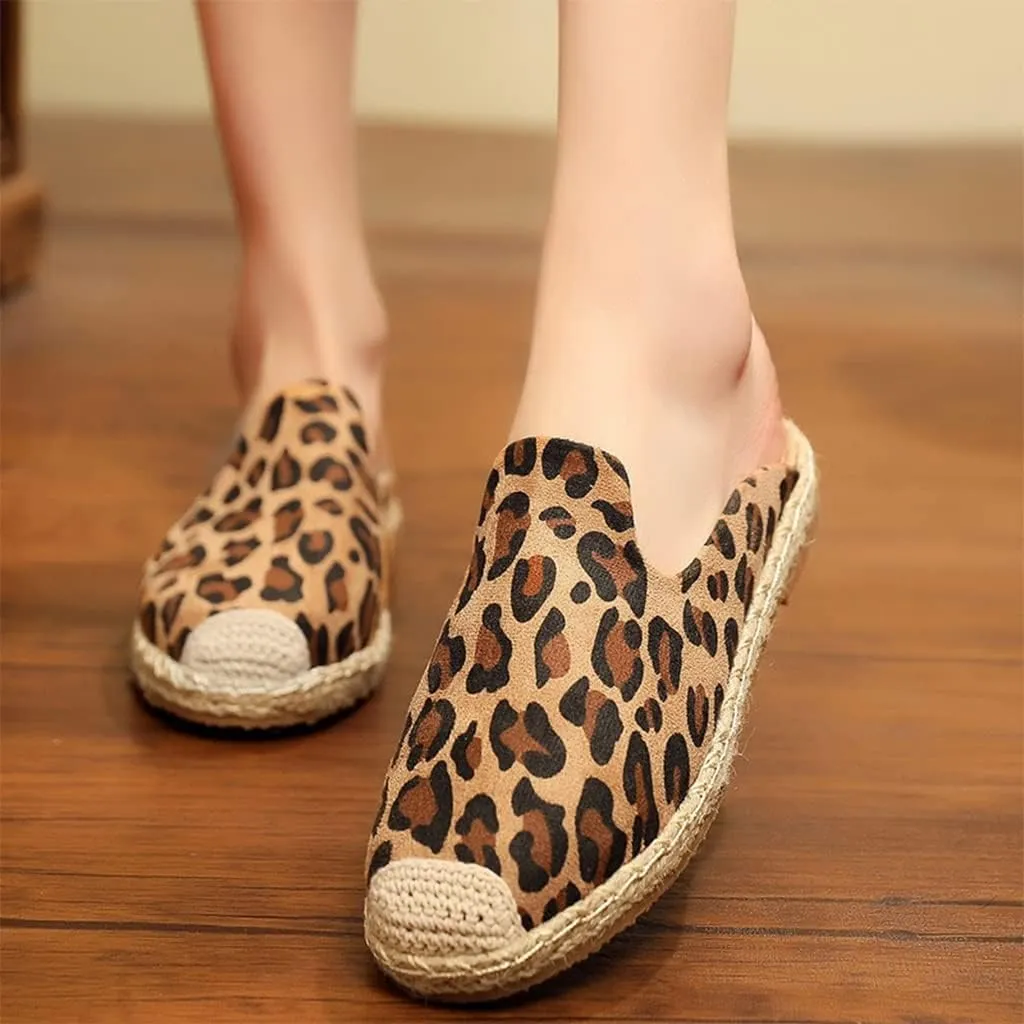 Summer Women's Sandals Leopard Print Flat Canvas Shoes Slip On, Linen and Cotton Woven Casual Slippers, Refreshing, Breathable, Sweat-Absorbing, Home, Bedroom, Garden Clogs, Guests Footwear