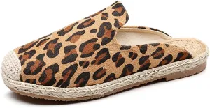 Summer Women's Sandals Leopard Print Flat Canvas Shoes Slip On, Linen and Cotton Woven Casual Slippers, Refreshing, Breathable, Sweat-Absorbing, Home, Bedroom, Garden Clogs, Guests Footwear